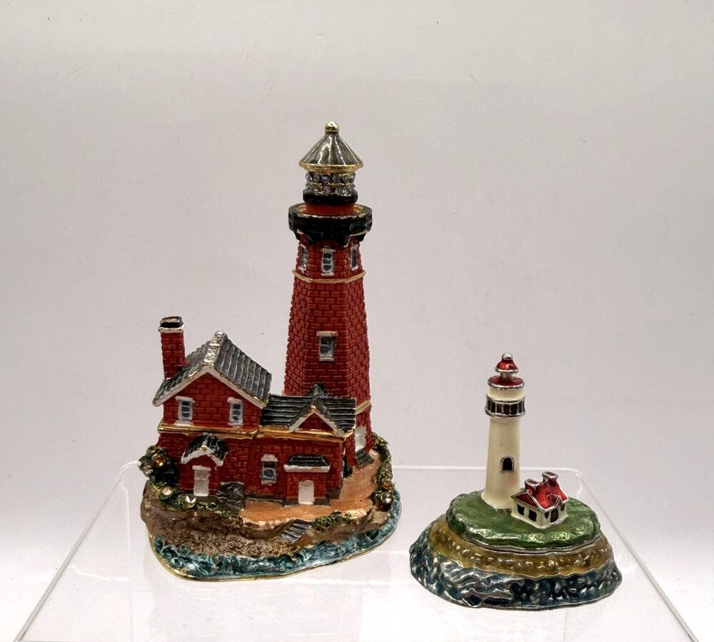 Bejeweled Enameled Brass & Pewter Beacon Lighthouse Trinket Boxes-Jere & Monet